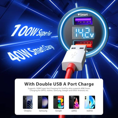 Car Charger for SuperVooc 100W 80W for OnePlus 13 15 13R 12R 12 11 | 65W Charger for OnePlus 10 Nord N30 N100 Open Pad 9 Pro 8 7T 6T 6 LED Display Dual USB Car Charge Adapter 3.3FT Fast Cable