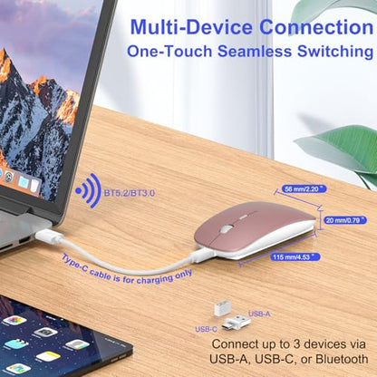 Bluetooth Wireless Mouse for MacBook Air Mac Pro Laptop Computer iPad Pad PC Laser Optical Rechargeable Mini Slim Silent Mouse Widely Used Desktop Hp iMac with USB-A/C& Mouse Jiggler(Rose Gold) - color: Rose Gold