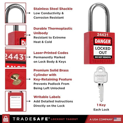 TRADESAFE Lockout Locks, 7 Red Loto Locks Keyed Different, 1 Key Each | Non-conductive Nylon Body, Spring-loaded Stainless Steel Shackle, Key-retaining Cylinder With Multilingual Safety Labels - color: 7-Red, size: 1 Key Per Lock