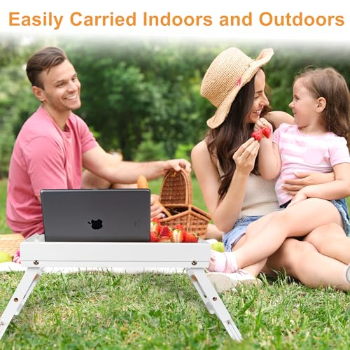 Greenual 2 Pack Bed Tray Table with Handles Folding Legs, Bamboo Breakfast Food Tray with Media Slot, Use As Platter, Laptop Desk, Snack, TV Tray Kitchen Serving Tray(White) - color: White