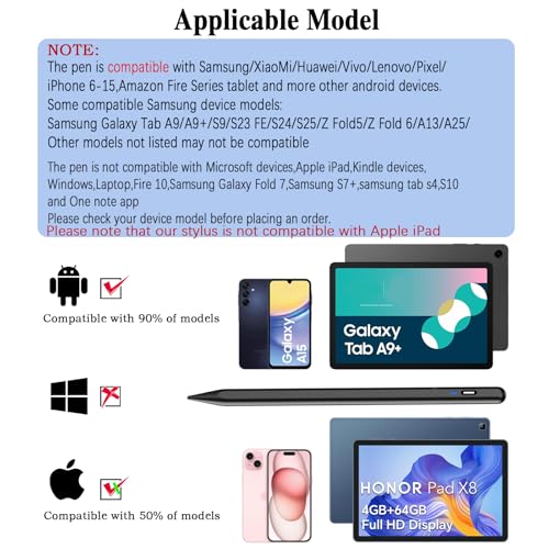 Stylus Pen for Android Tablet, Tablet Pencil for iOS/Android,Rechargeable Active Stylus Pen for Switch/iPhone/Samsung/XiaoMi/Huawei/Vivo/Lenovo and Other Android Smartphones and Tablets-Black - color: Black