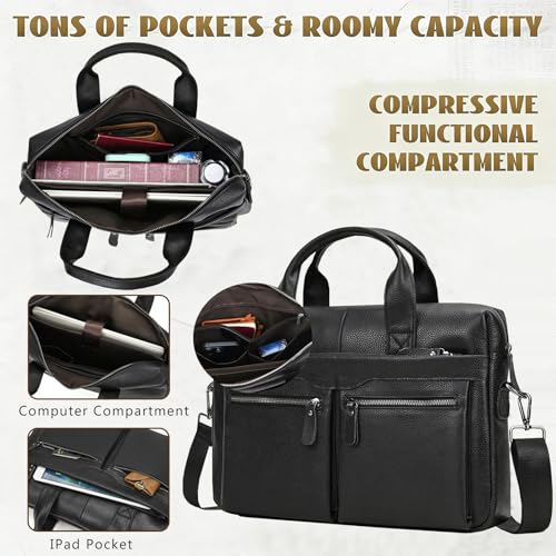 Leather Laptop Bag for Men Briefcase Fits 15.6 Inch Notebook Portable Shoulder Messenger Crossbody Bag for Travel Office - color: 18black Fit 15.6inch