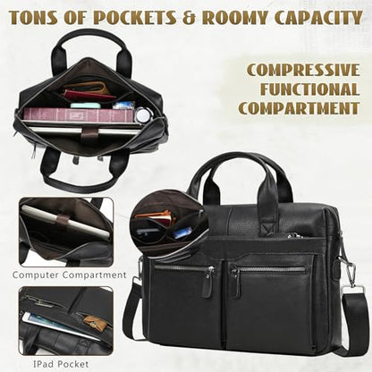 Leather Laptop Bag for Men Briefcase Fits 15.6 Inch Notebook Portable Shoulder Messenger Crossbody Bag for Travel Office - color: 18black Fit 15.6inch