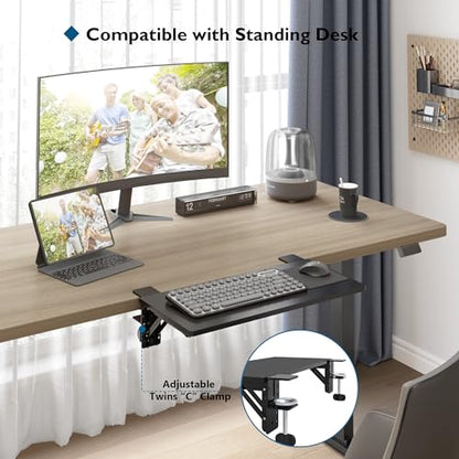 BONTEC Small Ergonomics Desk Extender Tray, 20x9.5 Inch Table Mount Arm Rest Shelf, 90° Foldable Keyboard Tray Platform, Clamp on Computer Arm Rest for Desk, Suitable for Office Desks, Black | 90° Foldable Keyboard Tray Platform, Table Mount Arm Rest Shel