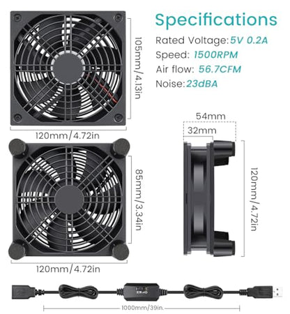 Wathai Cooling Case Fan for Receiver Xbox TV Box Router 120mm x 25mm 5V USB | USB Box 5V Power Fan Three Speed Settings for Modem DVR Computer Case Mini PC Cooling - style: 120mm USB fan