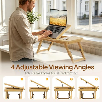 Bamboo Laptop Desk for Bed, Height & Angle Adjustable Foldable Lap Desk with Drawer & Cup Holder, Portable Bed Desk Table for Working, Reading, Writing or Breakfast on Sofa, Couch or Floor