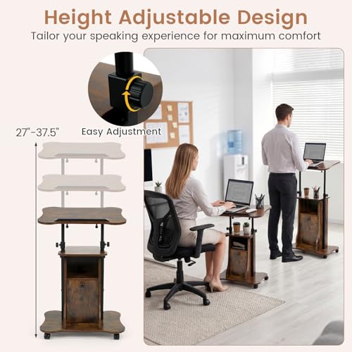 Giantex Mobile Podium Stand, Height Adjustable Laptop Computer Cart w/Tilting Top, Storage Cabinet & Lockable Wheels, Church Classroom Lecture, Sit-to-Stand Desk for Home Office (Rustic Brown,1) - color: Rustic Brown