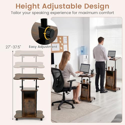 Giantex Mobile Podium Stand, Height Adjustable Laptop Computer Cart w/Tilting Top, Storage Cabinet & Lockable Wheels, Church Classroom Lecture, Sit-to-Stand Desk for Home Office (Rustic Brown,1) - color: Rustic Brown