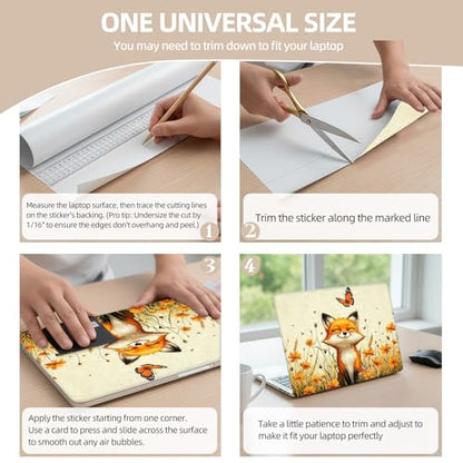 Universal Laptop Skin Sticker for 12/13/14/15.6 Inch Laptops, Reusable Vinyl Laptop Decal Cover, Waterproof Scratch Resistant Notebook Skin with 2 Wrist Pads,Cute Flower Bed Fox - color: Cute Flower Bed Fox