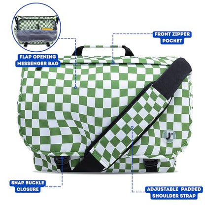J World New York Thomas Laptop Messenger Bag for Women & Men. Kids Computer Bookbag - color: Matcha Checkers