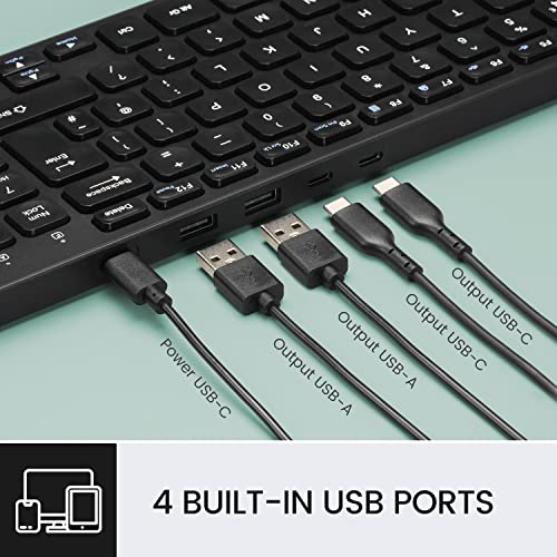 Perixx PERIBOARD-215B US, Wired Keyboard - Ultra Slim Scissor Keys - 2 Built-in USB-A & USB-C Ports - Detachable Cable - Black - US English - style: Wired with 4 Hubs