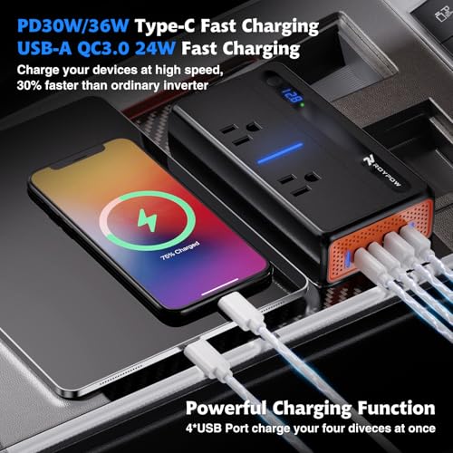 RoyPow 300W Car Power Inverter, DC 12V to 110V AC Power Inverter with Cigarette Lighter Port, Car Plug Adapter Outlet with 3.4A USB-A, QC3.0 24W, PD 30W, PD 36W, Dual AC Outlets, Car Charger Adapter