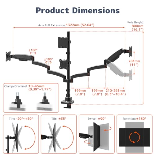 PUTORSEN Quad Monitor Mount for up to 49’’ Ultrawide on Top Bracket and 27’’ Screens on Lower Brackets, Holds up to 44lbs, Quad Monitor Stand with Gas Spring, C-Clamp & Grommet Base - size: 27 Inch