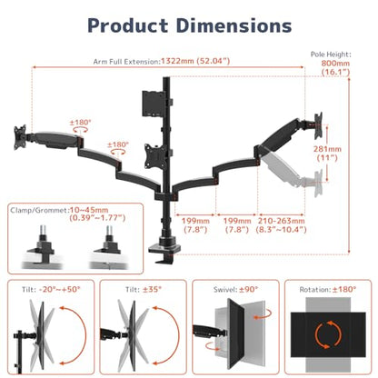 PUTORSEN Quad Monitor Mount for up to 49’’ Ultrawide on Top Bracket and 27’’ Screens on Lower Brackets, Holds up to 44lbs, Quad Monitor Stand with Gas Spring, C-Clamp & Grommet Base - size: 27 Inch