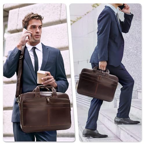 Jack&Chris Full Grain Leather Briefcase for Men, Business Messenger Bag Laptop Bag Attache Case, Fits 15.6 Inch Laptop - color: Mb005-red Coffee