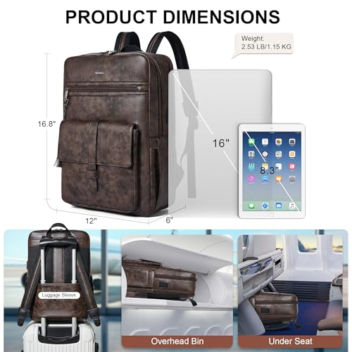 16 inch Vegan Leather Laptop Backpack with USB Charger | Smart Computer Backpack For Men and Women,Back Pocket Convert Luggage Sleeve,20L Large Capacity,Business Work Office College - color: Two-toned Coffee
