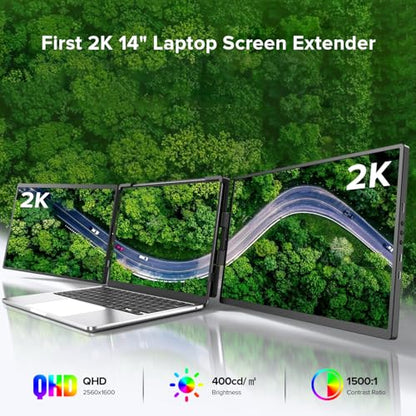 UPERFECT Laptop Screen Extender, 2K 14" 360° Patented Unique Swivel Hinge | Triple Monitor, 2240x1400 QHD IPS Portable Dual Monitor for 14"-17'' Laptops, Plug & Play, USB-C & MINI HDMI - size: 14"