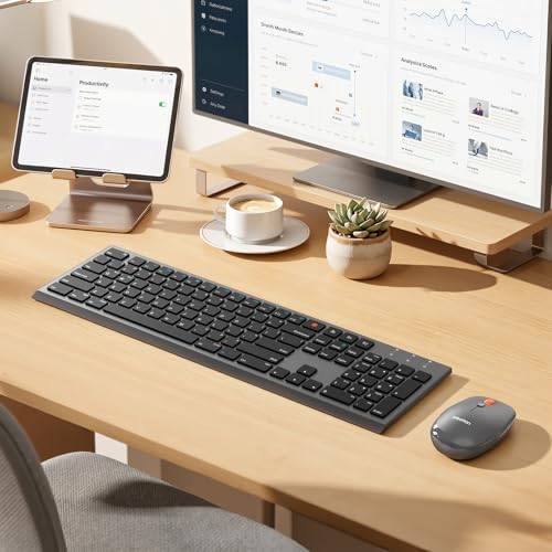 MEETION Multi-Device Bluetooth Keyboard and Mouse Combo, Slim, Silent | Slim rechargeable scissor-switch keyboard with 3200 DPI mouse. Works with Windows, Mac, PC and laptop