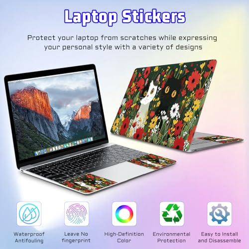 Universal Laptop Skin Sticker Decal, Compatible with MacBook HP Dell Lenovo 12"-15.6", Reusable Vinyl Notebook Cover 3PCS Set, High-Recognition Film-Cut Cat with Florals - color: Cut Cat with Florals