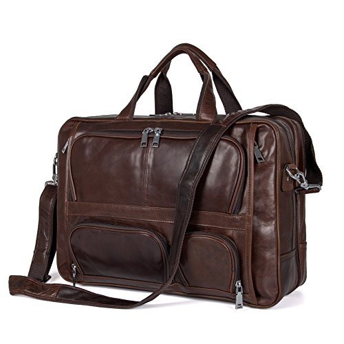 Augus Business Travel Briefcase Genuine Leather Duffel Bags for Men Laptop Bag fits 15.6 inches Laptop - color: Brown