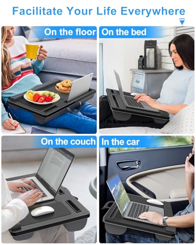 Laptop Lap Desk, Portable Large Laptop Desk for Bed, Up to 17 in Laptop Table with Wrist Rest, Mouse Pad, Tablet Phone Slot, Portable Handle, Laptop Lap Table with Cushion (Black and Light Brown)
