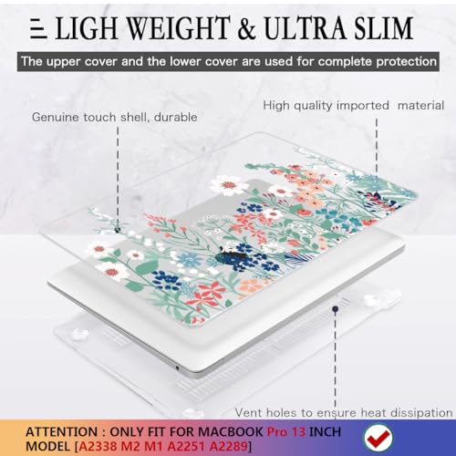 CISSOOK Compatible with MacBook Pro 13 inch Case M1 M2 A2338 A2289 A2251 | 4in1 Set Protective Hard Case Floral Cover with Keyboard Cover for MacBook Pro 13 2020-2025, Green Wildflowers - color: Pro13inch-Green Wildflowers