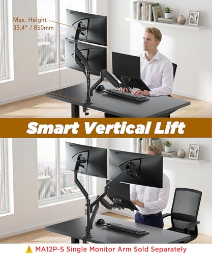 Extra-Tall Extension Arm Accessory for MA12P-S Do Not Use Alone | Max 4 Screens, Dual 40" Vertical Stacked Monitor Mount, Base & Pole Not Included, VESA 100x100, Black, MA12P-A - size: Extension Monitor Arm