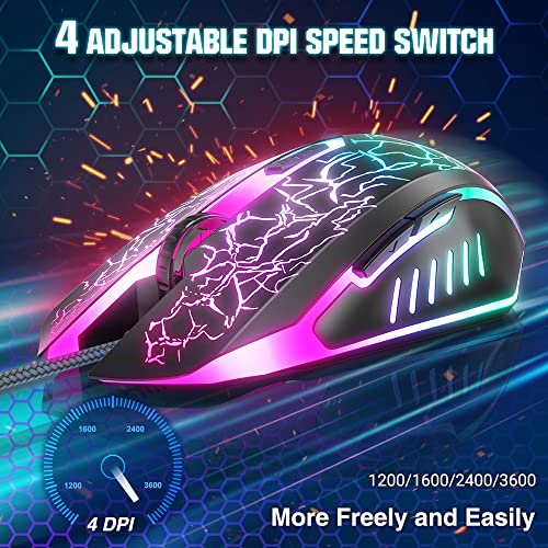 BENGOO Gaming Mouse Wired with RGB Backlit, Ergonomic PC Computer Mice | 4 Adjustable DPI up to 3600, 6 Programmable Buttons, Optical Gamer Mouse for PC Laptop Windows 7/8/10/XP Vista Linux