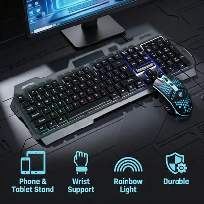 Gaming Keyboard and Mouse Combo, Wired RGB Backlit Mechanical Feel Keyboard with Phone Holder, Ergonomic Honeycomb Shell Gaming Mouse, Compatible with Windows PC, Laptop, Desktop (Black) - color: T750-Black