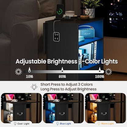 Lareth Rolling Side Table with Wheels, Led Lights & Charging Station | Foldable Desktop Narrow End Table, 1 Drawer, 2 Bookshleves, 27.56"H Tall Nightstand for Small Space, Living Room, Black - color: B Black