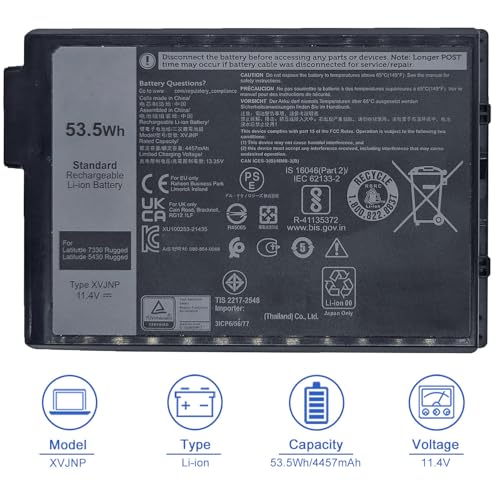 JOTACT XVJNP 53.5Wh Laptop Battery Compatible with Dell Latitude 5430 7330 Rugged Extreme P148G P148G001 P149G P149G001 Series 06JRCP 6JRCP 0M0TN3 M0TN3 KD1CT 451-BCWQ 11.4V 4457mAh - size: 5.06*3.37*0.59 inch XVJNP