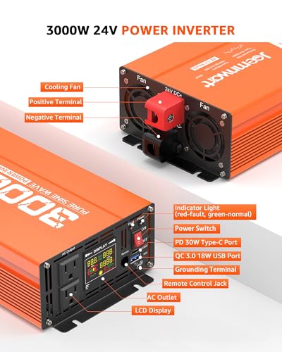 3000W Pure Sine Wave Power Inverter 24V DC to 110V AC Converter, LED Display,Remote Control, Car Inverter with 2AC Outlets,Fast Charging USB Port for RV,Truck,Home - size: 3000W-24V