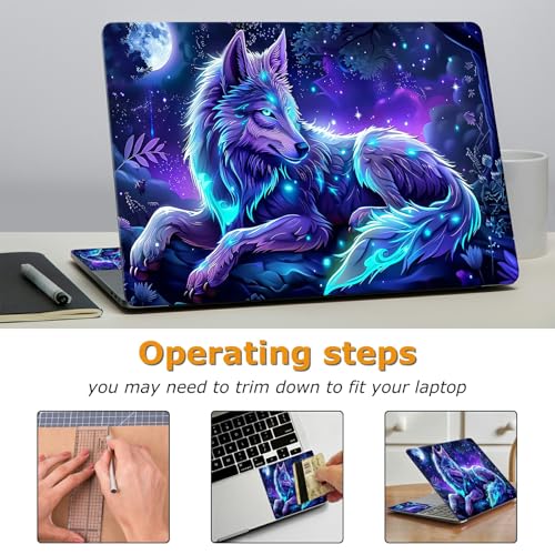 Universal Laptop Skin Sticker with 2 Wrist Pad Decals, 3-Piece Removable Vinyl Laptop Cover, Magic Wolfs Waterproof Anti-Scratch, Easy-Trim Fit for 13.3" 14" 15.6" Laptops - color: Magic Wolf