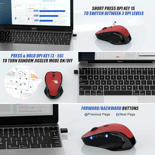 Bluetooth Wireless Mouse, 2.4G Ergonomic Rechargeable Computer Mouse for MacBook Air iPad Pro PC with Jiggler Mode, 3 DPI Levels & Forward/Back Buttons Laptop Mice for Office/Home/School - Red - color: Bluetooth Wireless Mouse (Red)