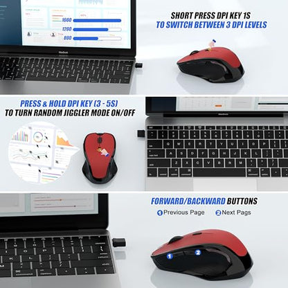 Bluetooth Wireless Mouse, 2.4G Ergonomic Rechargeable Computer Mouse for MacBook Air iPad Pro PC with Jiggler Mode, 3 DPI Levels & Forward/Back Buttons Laptop Mice for Office/Home/School - Red - color: Bluetooth Wireless Mouse (Red)