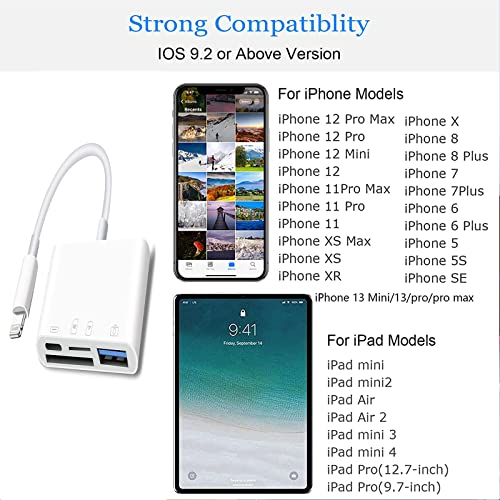 Lightning to SD Card Reader - 4 in 1 Memory Card Adapter for iPhone with USB Female OTG, Compatible with SD/TF Cards. Portable and Fast Charging.