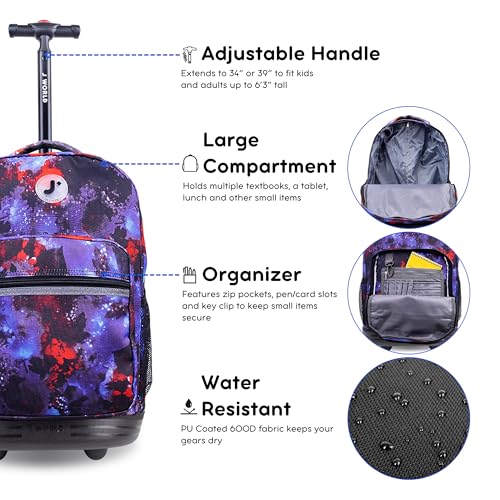 J World Sunrise Kids Rolling Backpack with Wheels for Girls Boys, Roller Bookbag for School, 18 x 13 x 9 Inches, Galax - color: Galaxy
