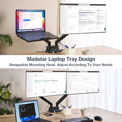 AVLT Laptop & Monitor Arm Desk Mount for 17-38" Screens, USB-C Dock - Black | Supports flat/curved screens up to 22 lbs each. 12-17" laptop tray, 7-in-1 USB-C dock, HDMI 4K60, Ethernet and 100W PD - color: Black