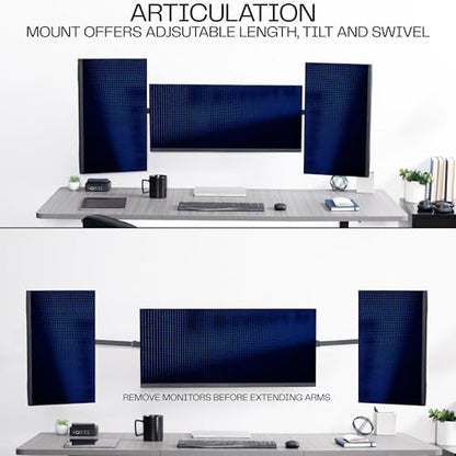 VIVO Premium Triple Monitor Wall Mount for 3 Screens up to 22 lbs, Fits up to 38 inch Ultrawides on Center Bracket, Adjustable Telescoping Arms, Flush Wall Setup, Black, MOUNT-TS03C - size: up to 38", style: Triple mount