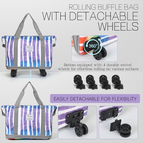 VOOWO Rolling Duffel Bag - Foldable Expandable Duffle With Wheels for Travel, Luggage Carry On, Large Backpack Weekend Bag for Men Women (Rainbow) - color: Rainbow