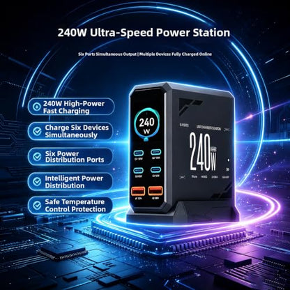 240W GaN 6-Port USB-C Charging Station, PD3.1 Desktop Display | 240W 6-Port GaN charger with PD 3.1 140W, real-time power display, and UL certification for safe multi-device charging