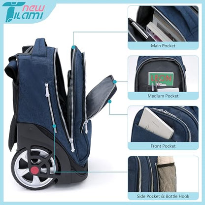 NEW TILAMI 19 inch Rolling Backpack Teens Rolling Backpack Cute Wheeled Laptop Backpack Bookbag Roller Travel Bag College, Navy Blue - color: Navy Blue