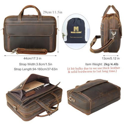 Masa Kawa Leather 15.6" & 17" Laptop Briefcase Men Business Messenger Bag | Full Grain Cowhide Business Travel Office Work Crossbody Shoulder Professional Attache Case for 2 Computers - color: Coffee Color-fits 17" Laptop
