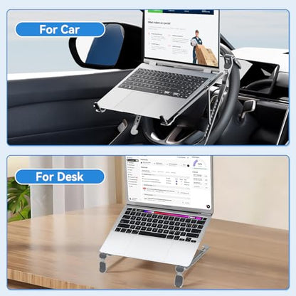 Car Laptop Desk for Steering Wheel, Heavy Duty Aluminum Foldable Tray & Workstation, Height Adjustable Computer Mount Holder for Truck SUV Tesla, Portable Travel Table