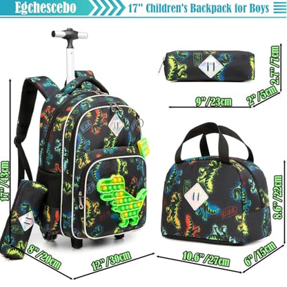 Kids Rolling Dinosaur Backpack for Boys Luggage Suitcase With Wheels Trolley Wheeled POP Roller Backpacks for Elementary Travel School Bags 17" 3PCS Toy Backpack With Lunch Box Green - color: 041123-konglong