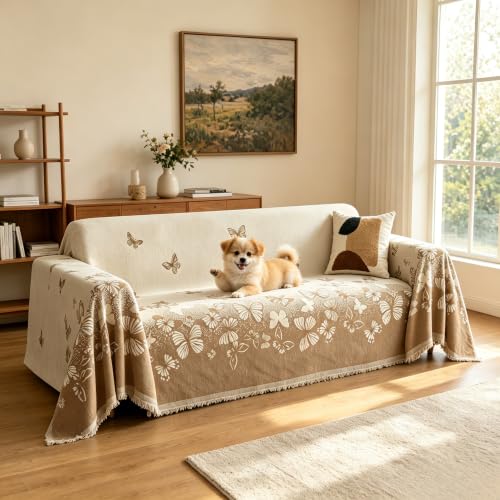 51x71 Chenille Couch Cover Reversible Sofa Slipcover with Tassels | Pet Friendly Furniture Protector for Dog Cat, Butterfly Pattern Washable Throw Blanket for 2 Cushion Sofa Loveseat Sectional - color: Coffee Butterfly, size: 71"x 91"