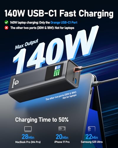 27000mAh Power Bank, 140W Laptop Portable Charger with PD 3.1 Fast Charging, Smart Sisplay, 99Wh Battery Bank for MacBook Pro/Air, iPad Pro, iPhone17/16 Series, Samsung and More(Dark Gray) - color: Dark Gray