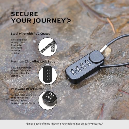 4 Digit Combination Lock, Combo Cable Lock with Code, Small Padlock Combination for Luggage, Suitcase, Gym Locker, Backpack Zipper, Gun Case, Fence Gate, Travel Safe Candados, Outdoor Use - color: Black+Black