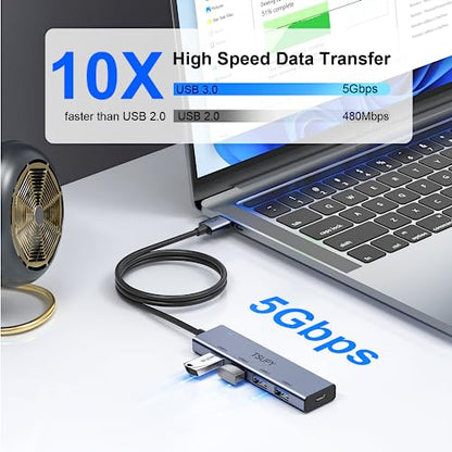 USB 3.0 HUB, TSUPY USB Splitter with 5 USB Ports and 4ft Extended Cable,Ultra-Slim Aluminium Data Hub Multi USB 3.0 Adapter HUB Compatible for Laptop,MacBook,PC, Printer, Mobile HDD and More - size: 5Gbps 5 USB 3.0 Ports Aluminium