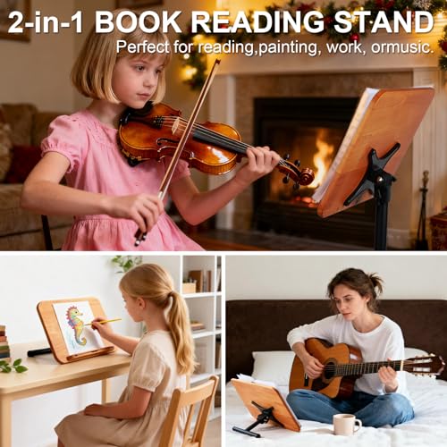 2 in 1 Dual-use Music Stand & Desktop Book Stand, Adjustable Height 16.5"-51", 100% Solid Wood Laptop Floor Stand Book Holder with Elastic Page Clips for Cookbooks (Brown with Tray and Wheels) - color: Brown With Tray and Wheels
